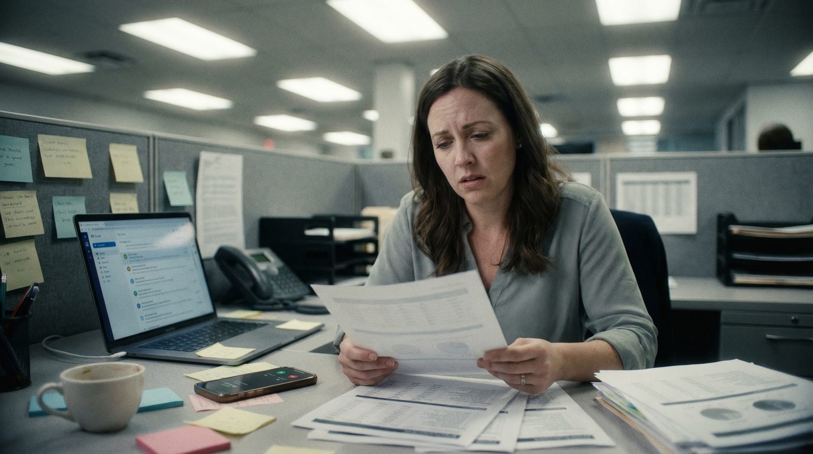 A marketing manager sitting alone at a cluttered desk, staring at a printed position description — overwhelmed by the weight of doing everything at once