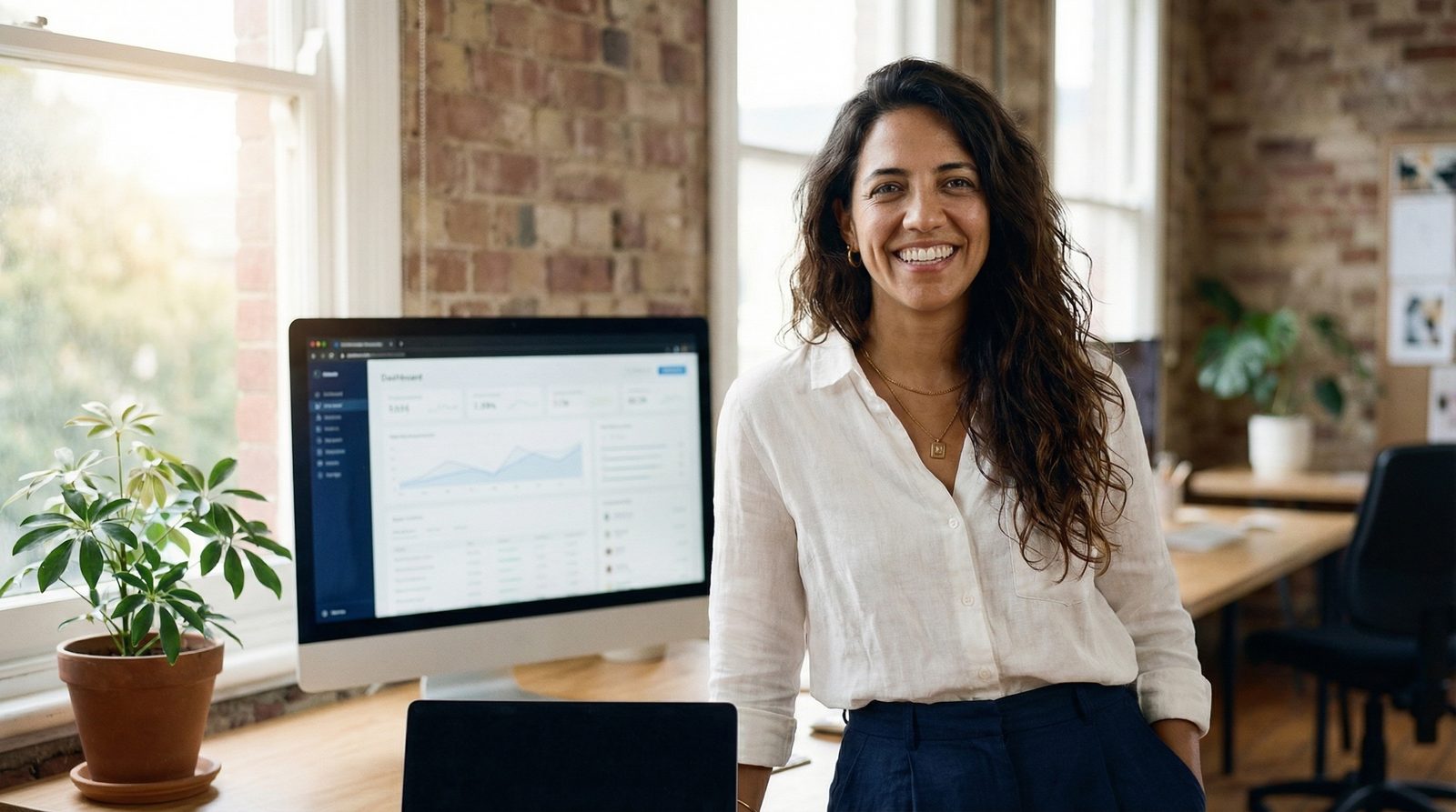 Sofia standing confidently in a bright, clean workspace — one person, one system, everything under control