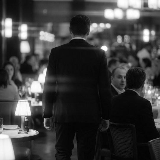 A man in a suit walks through a dimly lit restaurant, heads turning as he passes
