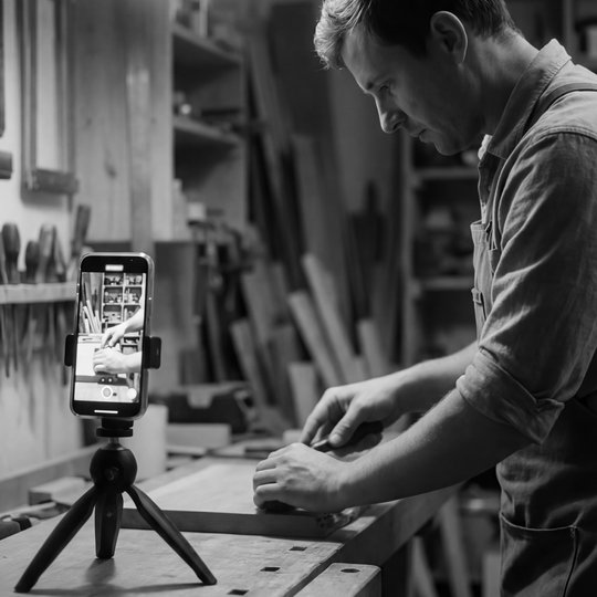 A tradesperson films their work with a smartphone on a tripod in a workshop