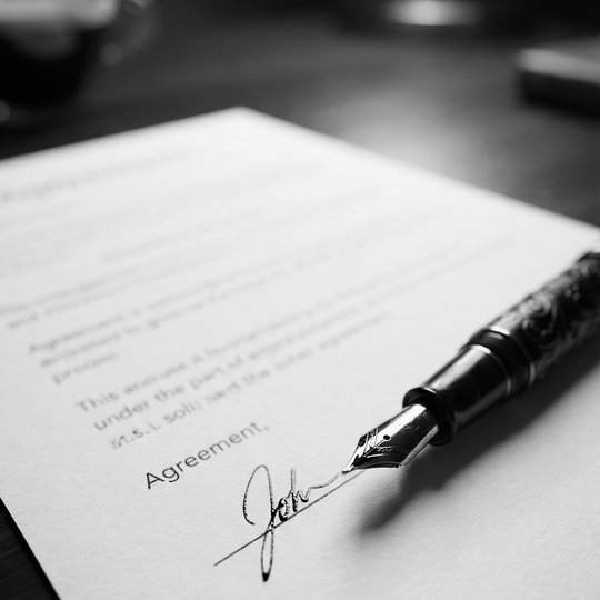 A fountain pen beside a handwritten agreement on heavy cream paper, wet ink glistening