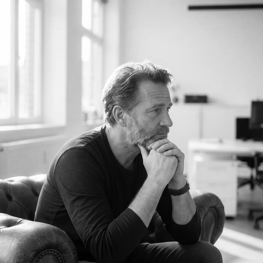 A man in his late 40s sitting in a leather chesterfield armchair, leaning forward, listening intently