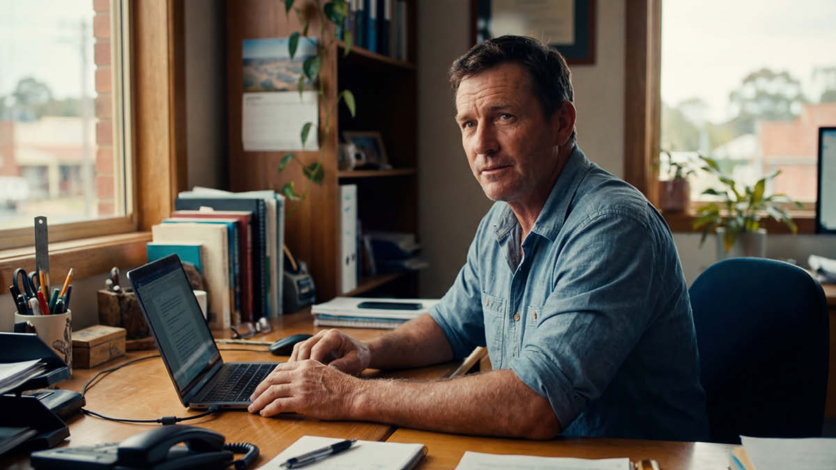 Business owner at desk reviewing marketing materials