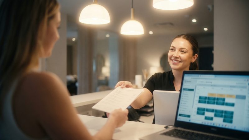 Spa receptionist greeting a client with a booking system on screen