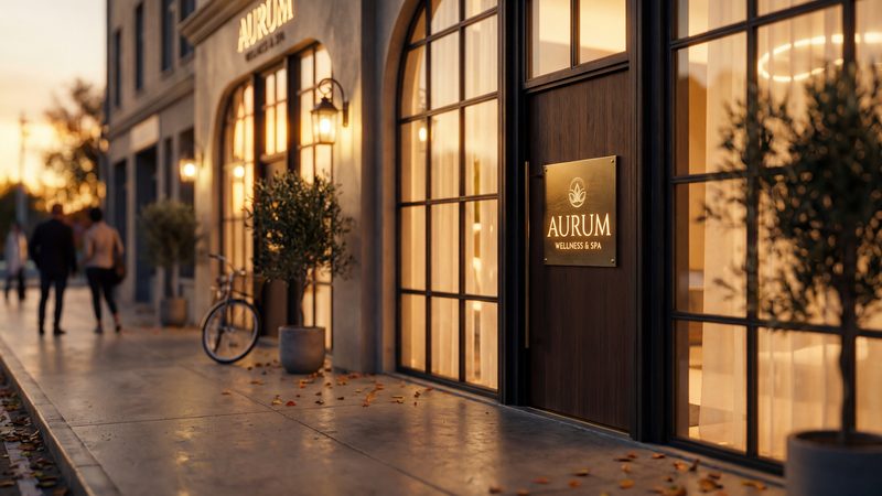 Elegant day spa storefront with warm golden lighting at dusk