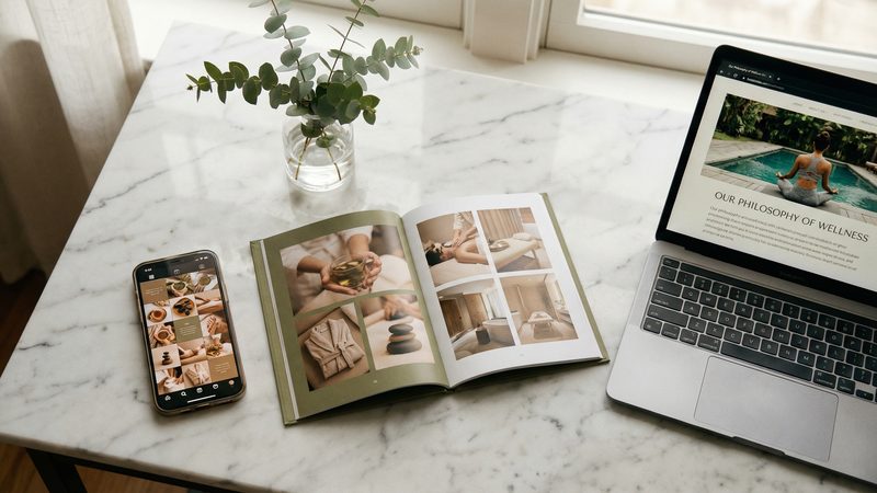 Spa content spread across phone, lookbook and laptop on marble desk