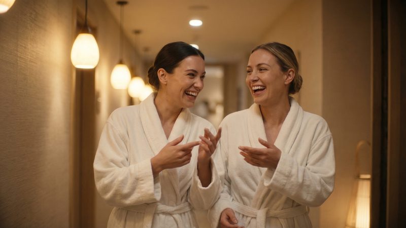 Two friends laughing together in spa robes