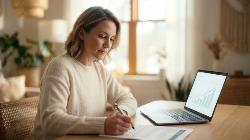 Business owner reviewing growth charts and reports on her laptop