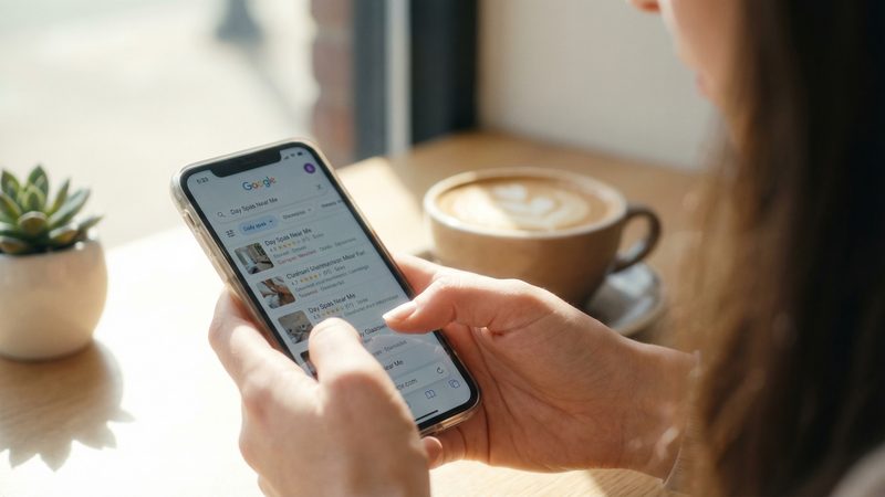 Woman searching for day spa services on her phone in a cafe