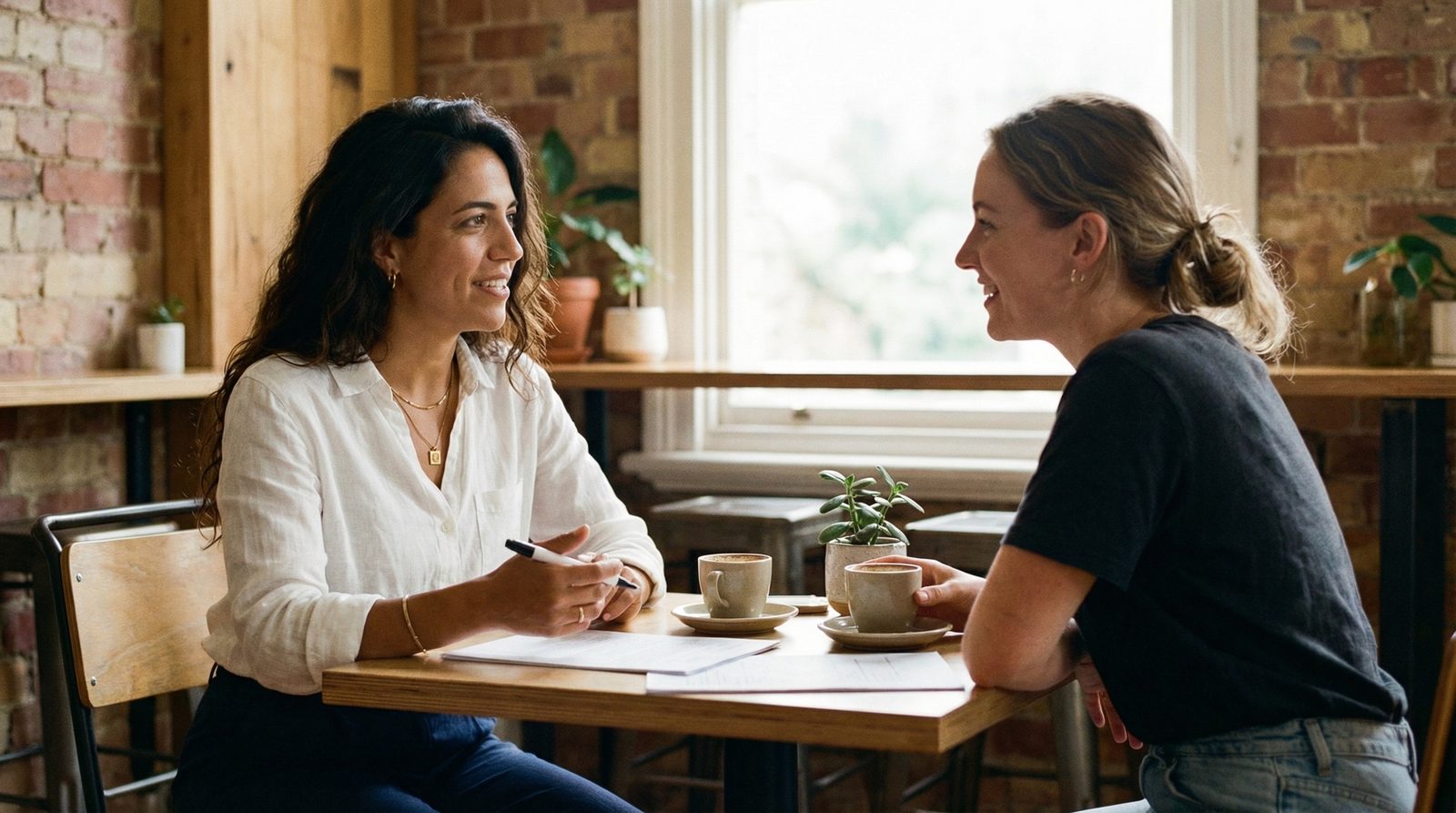 Two women in conversation at a café table — a real partnership, not a sales pitch