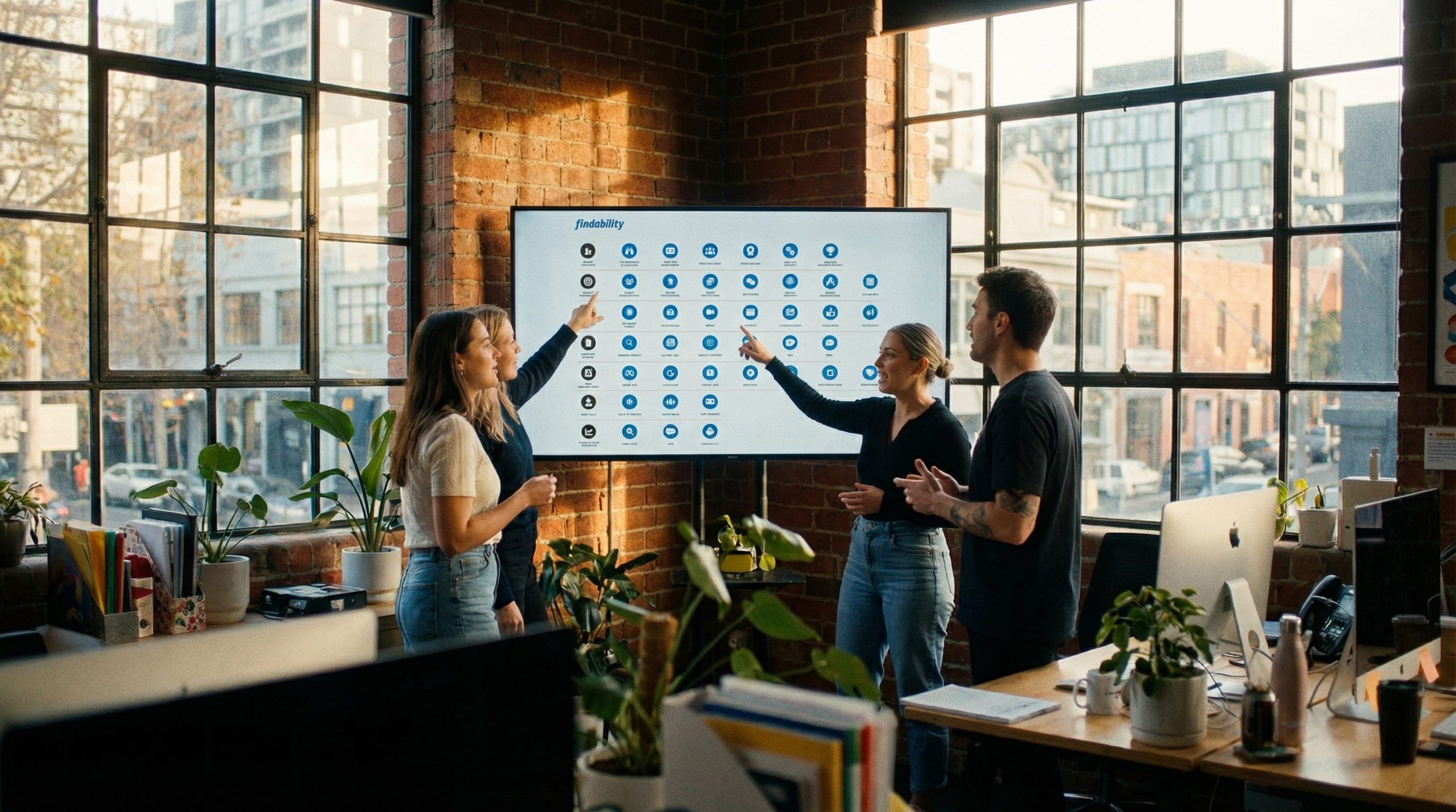 The Findability team discussing the eight-pillar framework on screen — strategy handled by humans, execution handled at scale